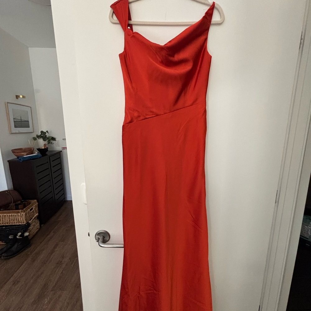 Elegant Burnt Orange Evening Gown w Pearl Button
